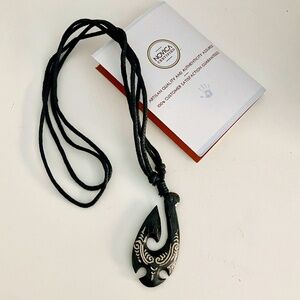 NWT Novica beach surfer necklace carved bone fish hook unisex brown & white